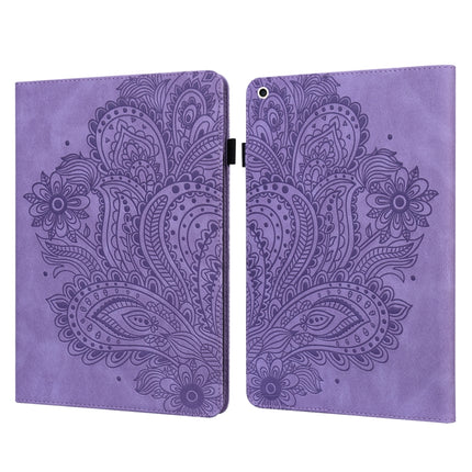 For iPad 10.2 2021 / 2020 / 2019 Peacock Embossed Pattern TPU + PU Horizontal Flip Leather Case with Holder & Card Slots & Wallet & Sleep / Wake-up Function(Purple)-garmade.com
