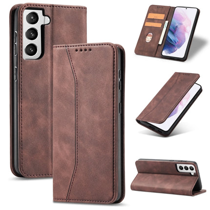 For Samsung Galaxy S21 5G Skin-feel Calfskin Texture Magnetic Dual-Fold Horizontal Flip Leather Case with Holder & Card Slots & Wallet(Coffee)-garmade.com