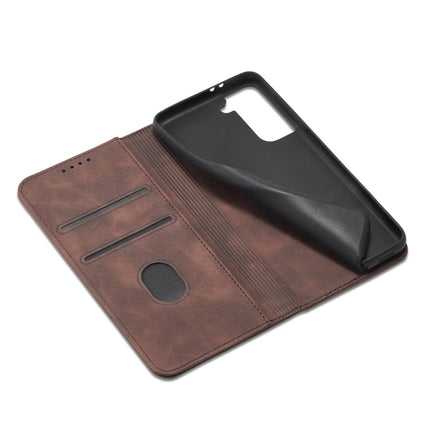 For Samsung Galaxy S21 5G Skin-feel Calfskin Texture Magnetic Dual-Fold Horizontal Flip Leather Case with Holder & Card Slots & Wallet(Coffee)-garmade.com