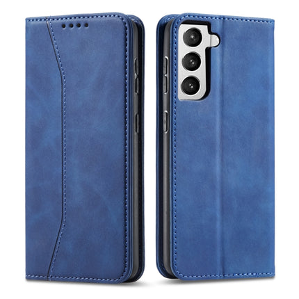 For Samsung Galaxy S21 5G Skin-feel Calfskin Texture Magnetic Dual-Fold Horizontal Flip Leather Case with Holder & Card Slots & Wallet(Blue)-garmade.com