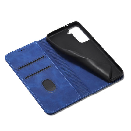 For Samsung Galaxy S21 5G Skin-feel Calfskin Texture Magnetic Dual-Fold Horizontal Flip Leather Case with Holder & Card Slots & Wallet(Blue)-garmade.com
