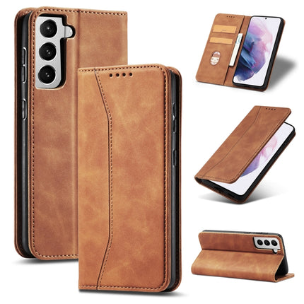 For Samsung Galaxy S21 5G Skin-feel Calfskin Texture Magnetic Dual-Fold Horizontal Flip Leather Case with Holder & Card Slots & Wallet(Brown)-garmade.com