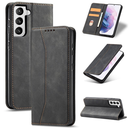 For Samsung Galaxy S21 Ultra 5G Skin-feel Calfskin Texture Magnetic Dual-Fold Horizontal Flip Leather Case with Holder & Card Slots & Wallet(Black)-garmade.com