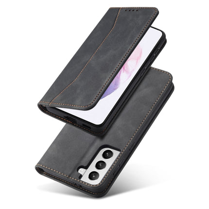 For Samsung Galaxy S21 Ultra 5G Skin-feel Calfskin Texture Magnetic Dual-Fold Horizontal Flip Leather Case with Holder & Card Slots & Wallet(Black)-garmade.com