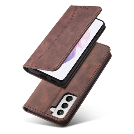 For Samsung Galaxy S21 Ultra 5G Skin-feel Calfskin Texture Magnetic Dual-Fold Horizontal Flip Leather Case with Holder & Card Slots & Wallet(Coffee)-garmade.com