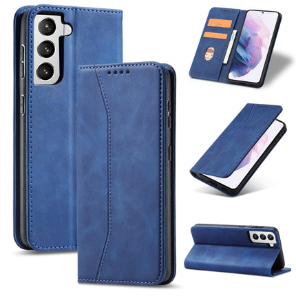 For Samsung Galaxy S21 Ultra 5G Skin-feel Calfskin Texture Magnetic Dual-Fold Horizontal Flip Leather Case with Holder & Card Slots & Wallet(Blue)-garmade.com