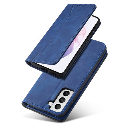 For Samsung Galaxy S21 Ultra 5G Skin-feel Calfskin Texture Magnetic Dual-Fold Horizontal Flip Leather Case with Holder & Card Slots & Wallet(Blue)-garmade.com