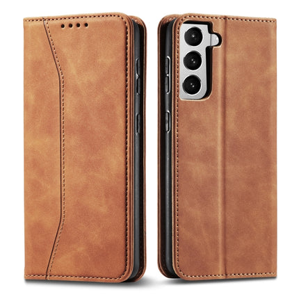 For Samsung Galaxy S21 Ultra 5G Skin-feel Calfskin Texture Magnetic Dual-Fold Horizontal Flip Leather Case with Holder & Card Slots & Wallet(Brown)-garmade.com