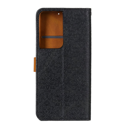 For Samsung Galaxy S21 Ultra 5G European Floral Embossed Copper Buckle Horizontal Flip PU Leather Case with Holder & Card Slots & Wallet & Photo Frame(Black)-garmade.com