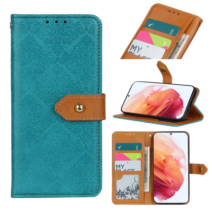 For Samsung Galaxy S21 5G European Floral Embossed Copper Buckle Horizontal Flip PU Leather Case with Holder & Card Slots & Wallet & Photo Frame(Blue)-garmade.com