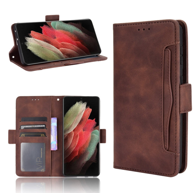 For Samsung Galaxy S21 Ultra 5G Skin Feel Calf Pattern Horizontal Flip Leather Case with Holder & Card Slots & Photo Frame(Brown)-garmade.com