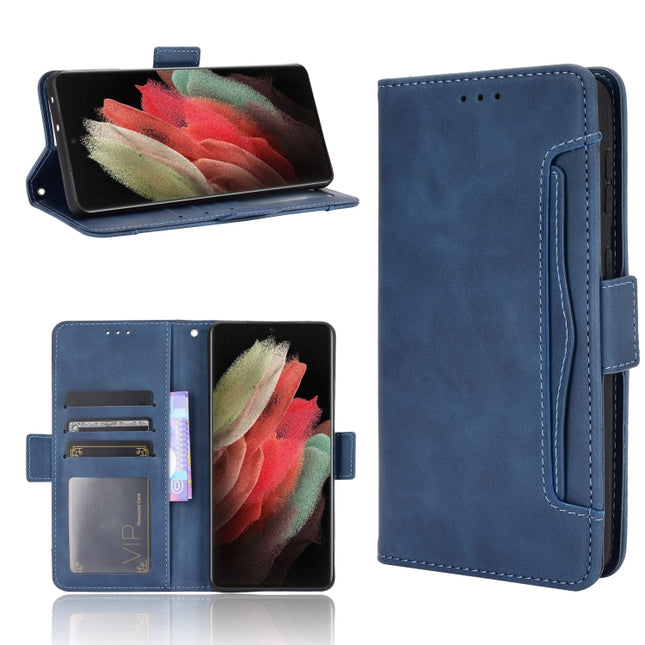 For Samsung Galaxy S21 Ultra 5G Skin Feel Calf Pattern Horizontal Flip Leather Case with Holder & Card Slots & Photo Frame(Blue)-garmade.com