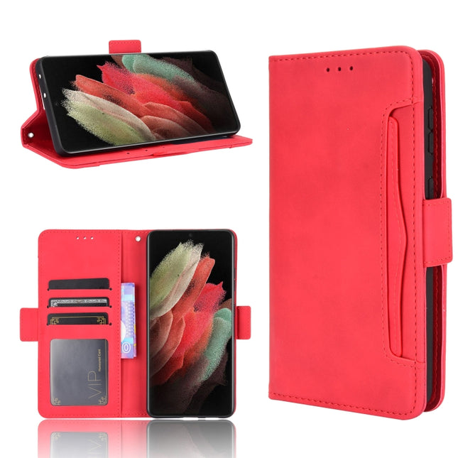 For Samsung Galaxy S21 Ultra 5G Skin Feel Calf Pattern Horizontal Flip Leather Case with Holder & Card Slots & Photo Frame(Red)-garmade.com