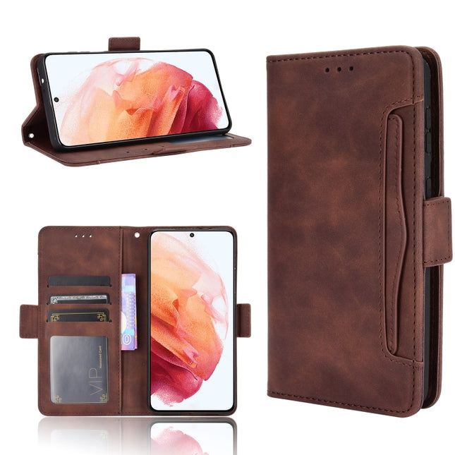 For Samsung Galaxy S21 5G Skin Feel Calf Pattern Horizontal Flip Leather Case with Holder & Card Slots & Photo Frame(Brown)-garmade.com