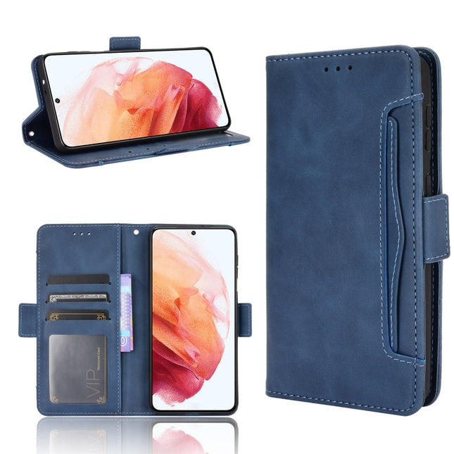 For Samsung Galaxy S21 5G Skin Feel Calf Pattern Horizontal Flip Leather Case with Holder & Card Slots & Photo Frame(Blue)-garmade.com