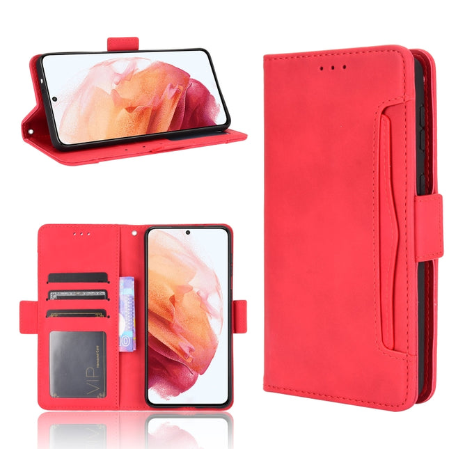 For Samsung Galaxy S21 5G Skin Feel Calf Pattern Horizontal Flip Leather Case with Holder & Card Slots & Photo Frame(Red)-garmade.com