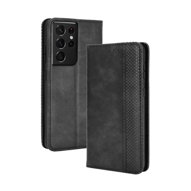 For Samsung Galaxy S21 Ultra 5G Magnetic Buckle Retro Crazy Horse Texture Horizontal Flip Leather Case with Holder & Card Slots & Photo Frame(Black)-garmade.com
