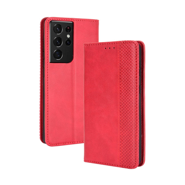For Samsung Galaxy S21 Ultra 5G Magnetic Buckle Retro Crazy Horse Texture Horizontal Flip Leather Case with Holder & Card Slots & Photo Frame(Red)-garmade.com