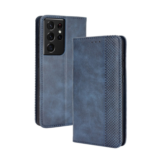 For Samsung Galaxy S21 Ultra 5G Magnetic Buckle Retro Crazy Horse Texture Horizontal Flip Leather Case with Holder & Card Slots & Photo Frame(Blue)-garmade.com