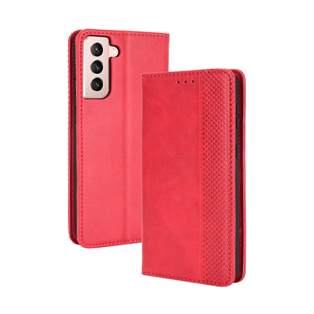 For Samsung Galaxy S21 5G Magnetic Buckle Retro Crazy Horse Texture Horizontal Flip Leather Case with Holder & Card Slots & Photo Frame(Red)-garmade.com
