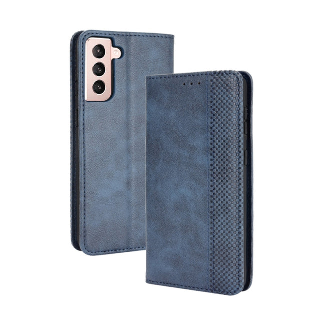 For Samsung Galaxy S21 5G Magnetic Buckle Retro Crazy Horse Texture Horizontal Flip Leather Case with Holder & Card Slots & Photo Frame(Blue)-garmade.com