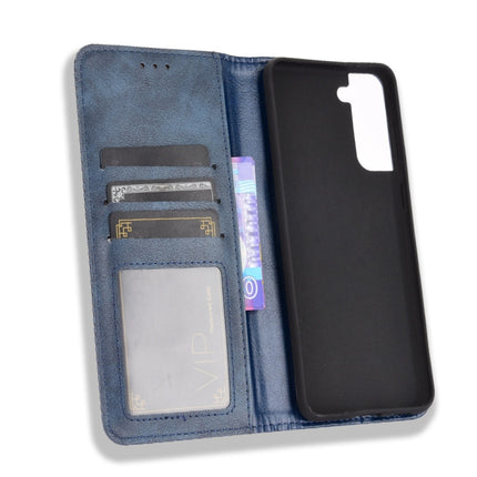 For Samsung Galaxy S21 5G Magnetic Buckle Retro Crazy Horse Texture Horizontal Flip Leather Case with Holder & Card Slots & Photo Frame(Blue)-garmade.com