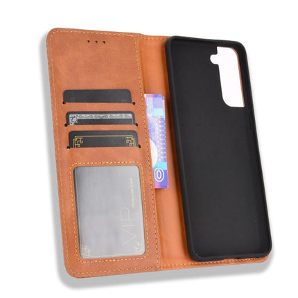 For Samsung Galaxy S21 5G Magnetic Buckle Retro Crazy Horse Texture Horizontal Flip Leather Case with Holder & Card Slots & Photo Frame(Brown)-garmade.com