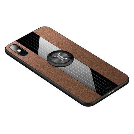 For iPhone X / XS XINLI Stitching Cloth Texture Shockproof TPU Protective Case with Ring Holder(Brown)-garmade.com