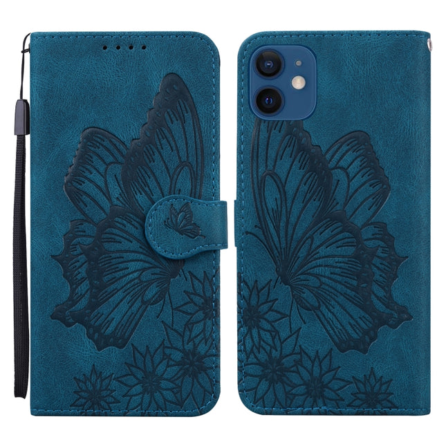 Retro Skin Feel Butterflies Embossing Horizontal Flip Leather Case with Holder & Card Slots & Wallet For iPhone 12 mini(Blue)-garmade.com