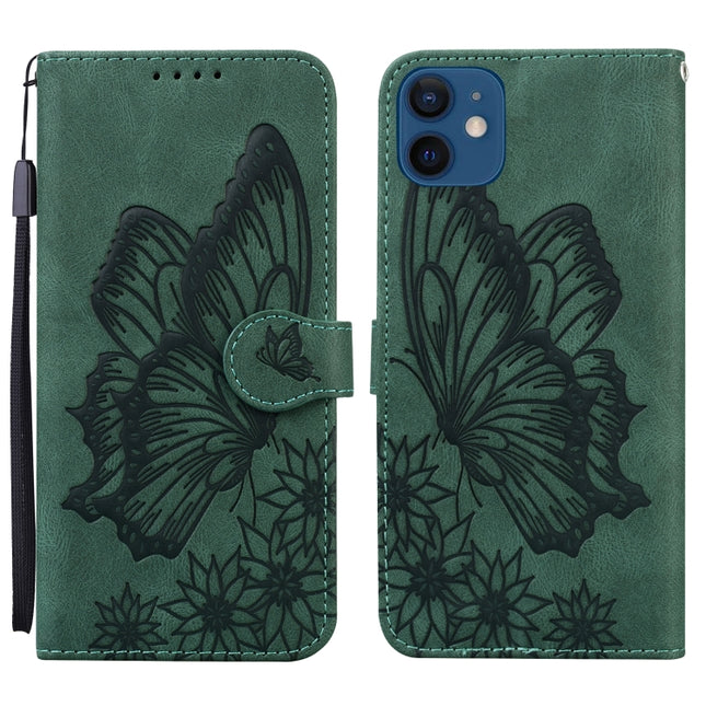 Retro Skin Feel Butterflies Embossing Horizontal Flip Leather Case with Holder & Card Slots & Wallet For iPhone 12 mini(Green)-garmade.com