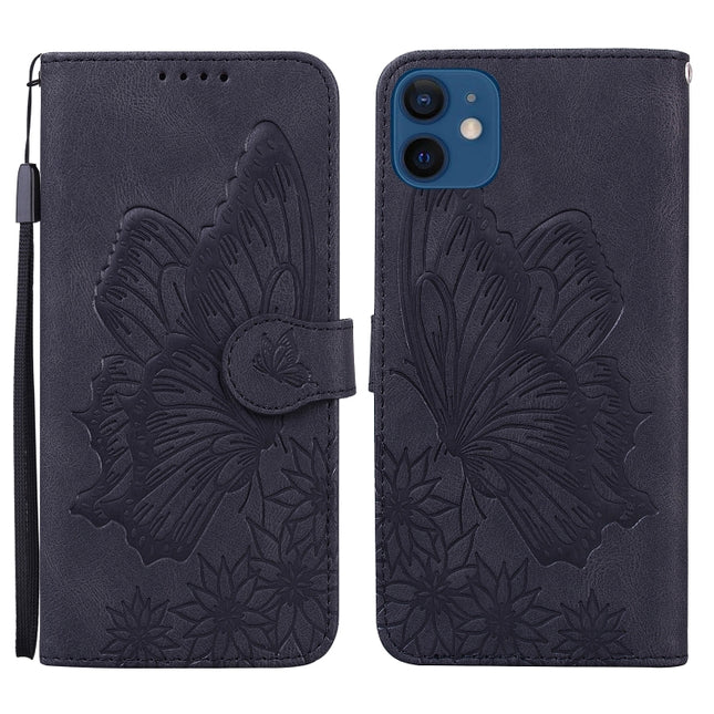 Retro Skin Feel Butterflies Embossing Horizontal Flip Leather Case with Holder & Card Slots & Wallet For iPhone 12 mini(Black)-garmade.com