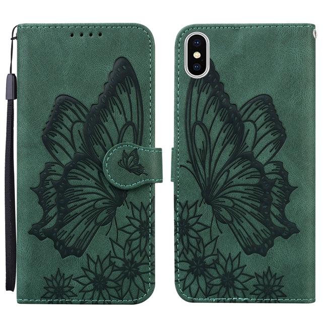 Retro Skin Feel Butterflies Embossing Horizontal Flip Leather Case with Holder & Card Slots & Wallet For iPhone X / XS(Green)-garmade.com