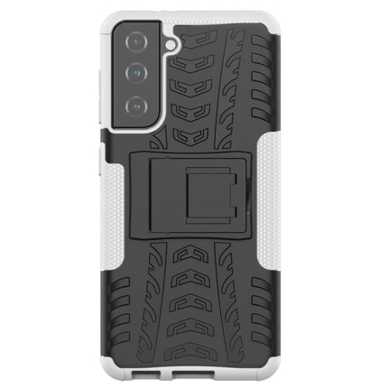 For Samsung Galaxy S21 5G Tire Texture Shockproof TPU+PC Protective Case with Holder(White)-garmade.com