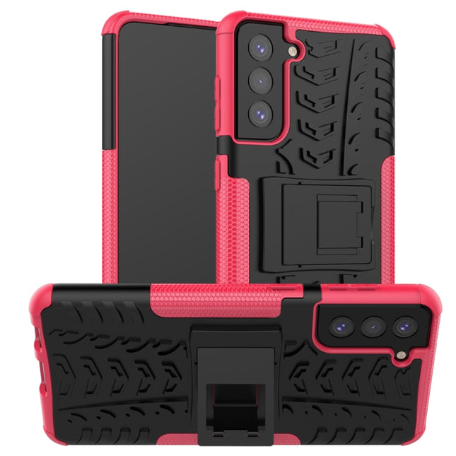 For Samsung Galaxy S21+ 5G Tire Texture Shockproof TPU+PC Protective Case with Holder(Pink)-garmade.com
