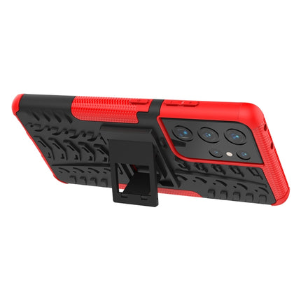 For Samsung Galaxy S21 Ultra 5G Tire Texture Shockproof TPU+PC Protective Case with Holder(Red)-garmade.com