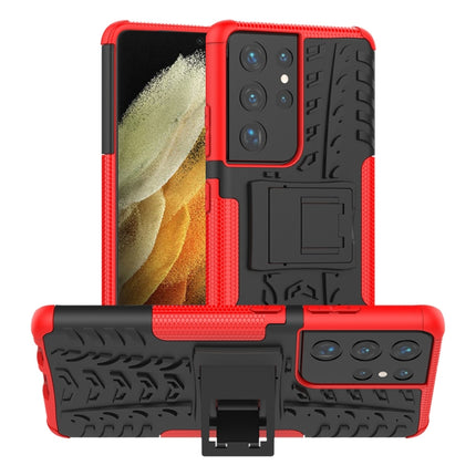 For Samsung Galaxy S21 Ultra 5G Tire Texture Shockproof TPU+PC Protective Case with Holder(Red)-garmade.com