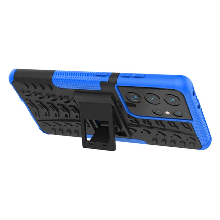 For Samsung Galaxy S21 Ultra 5G Tire Texture Shockproof TPU+PC Protective Case with Holder(Blue)-garmade.com