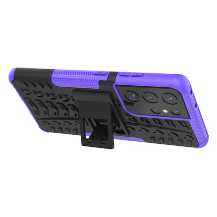 For Samsung Galaxy S21 Ultra 5G Tire Texture Shockproof TPU+PC Protective Case with Holder(Purple)-garmade.com