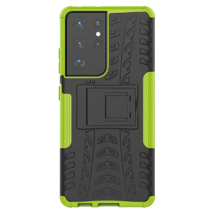 For Samsung Galaxy S21 Ultra 5G Tire Texture Shockproof TPU+PC Protective Case with Holder(Green)-garmade.com