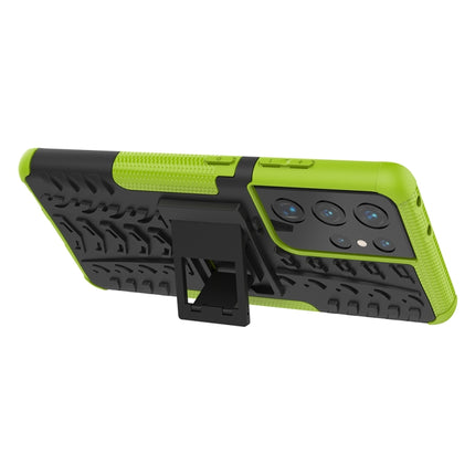 For Samsung Galaxy S21 Ultra 5G Tire Texture Shockproof TPU+PC Protective Case with Holder(Green)-garmade.com