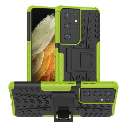 For Samsung Galaxy S21 Ultra 5G Tire Texture Shockproof TPU+PC Protective Case with Holder(Green)-garmade.com