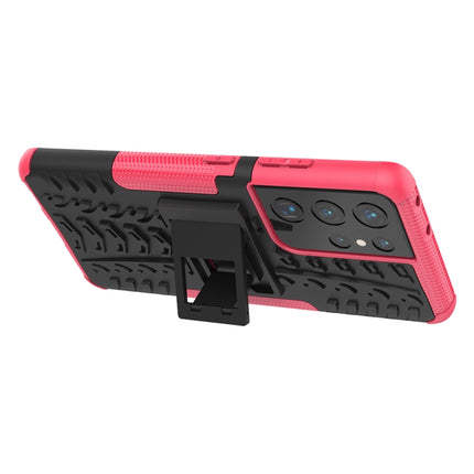 For Samsung Galaxy S21 Ultra 5G Tire Texture Shockproof TPU+PC Protective Case with Holder(Pink)-garmade.com