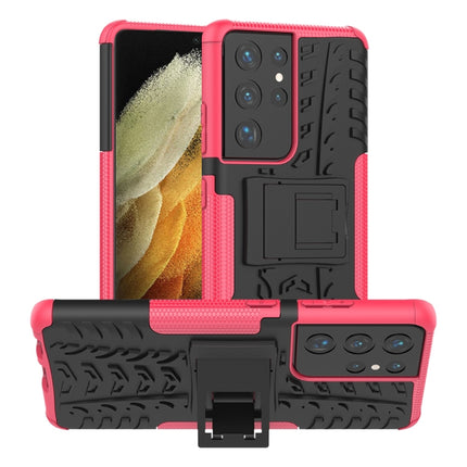 For Samsung Galaxy S21 Ultra 5G Tire Texture Shockproof TPU+PC Protective Case with Holder(Pink)-garmade.com