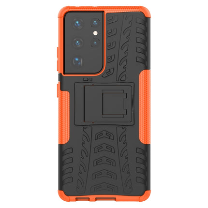 For Samsung Galaxy S21 Ultra 5G Tire Texture Shockproof TPU+PC Protective Case with Holder(Orange)-garmade.com