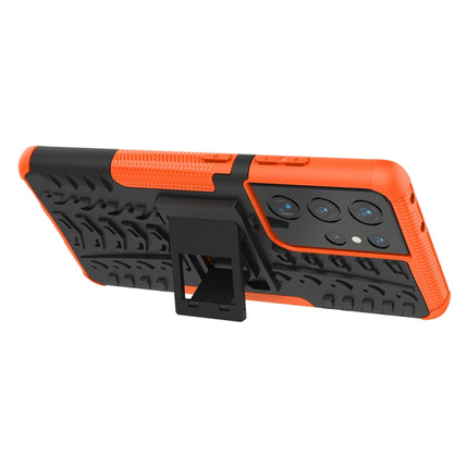 For Samsung Galaxy S21 Ultra 5G Tire Texture Shockproof TPU+PC Protective Case with Holder(Orange)-garmade.com