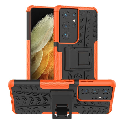 For Samsung Galaxy S21 Ultra 5G Tire Texture Shockproof TPU+PC Protective Case with Holder(Orange)-garmade.com