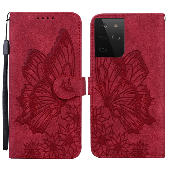 For Samsung Galaxy S21 Ultra 5G Retro Skin Feel Butterflies Embossing Horizontal Flip Leather Case with Holder & Card Slots & Wallet(Red)-garmade.com