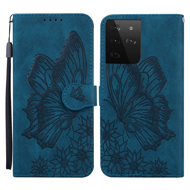 For Samsung Galaxy S21 Ultra 5G Retro Skin Feel Butterflies Embossing Horizontal Flip Leather Case with Holder & Card Slots & Wallet(Blue)-garmade.com