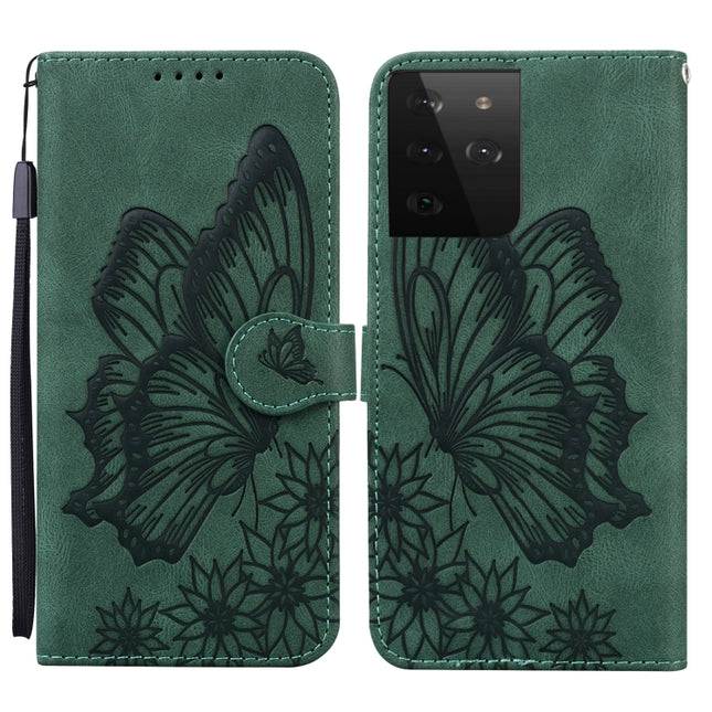 For Samsung Galaxy S21 Ultra 5G Retro Skin Feel Butterflies Embossing Horizontal Flip Leather Case with Holder & Card Slots & Wallet(Green)-garmade.com