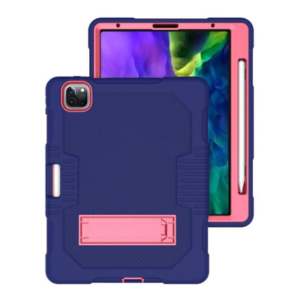 For iPad Pro 12.9 inch (2018/2020) Contrast Color Robot Shockproof Silicone + PC Protective Tablet Case with Holder(Navy Blue Rose)-garmade.com